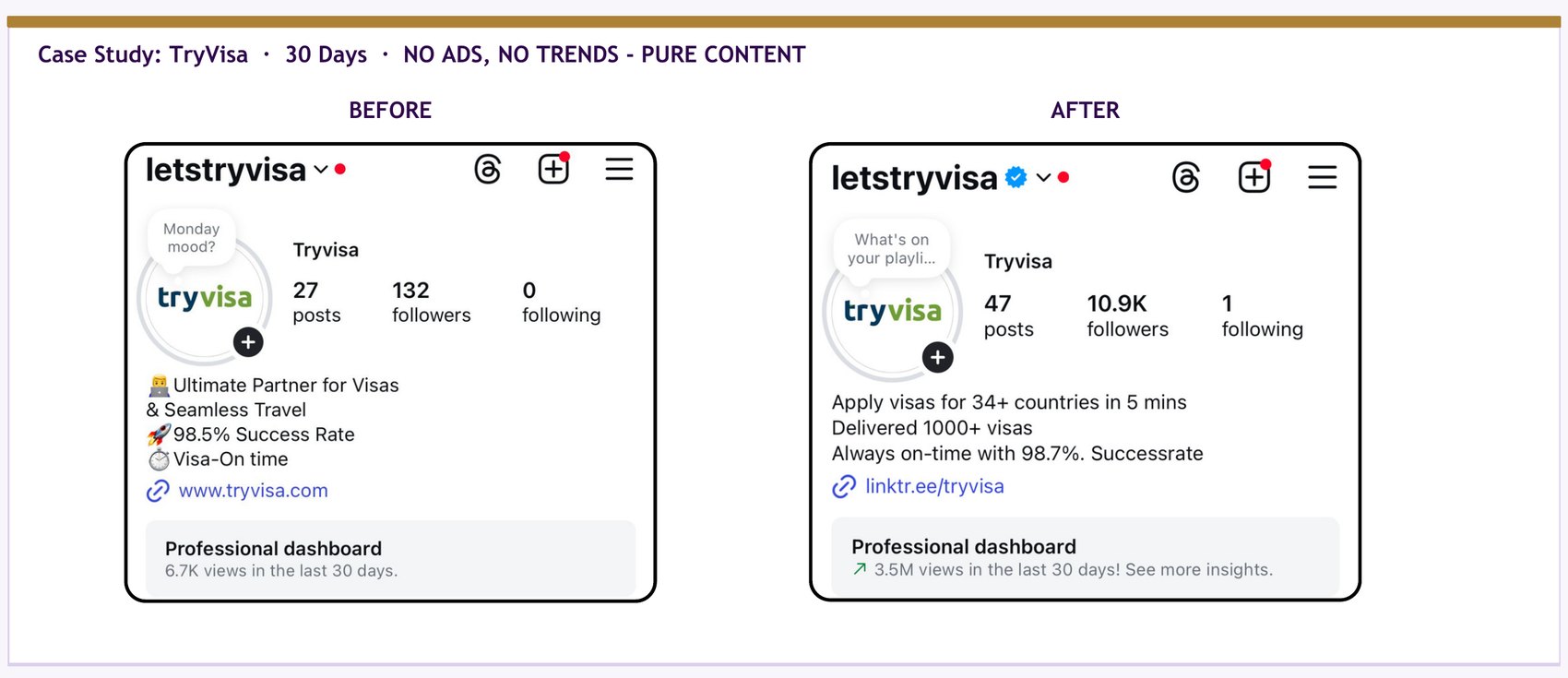 TryVisa Instagram profile before and after